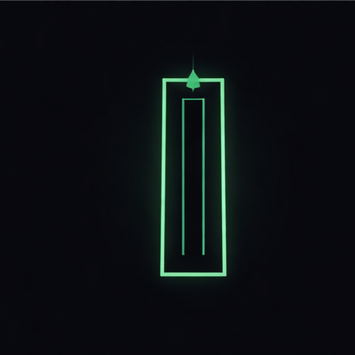 Glowing green door icon on a black background