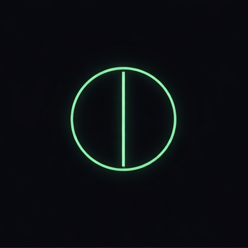 Neon green circle with a vertical line in the center on a black background